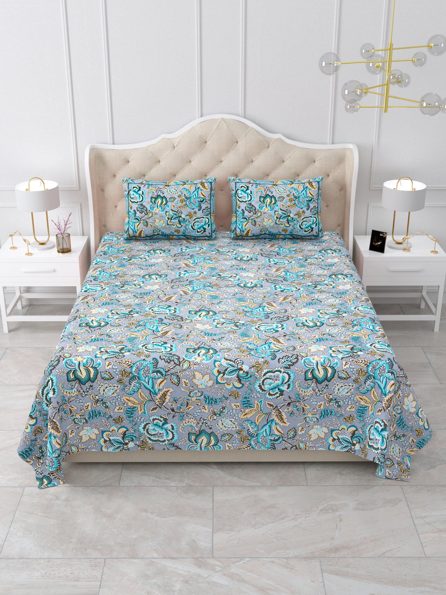 Jaipuri Azure Blue & Teal Floral Queen Size Cotton Bedsheet