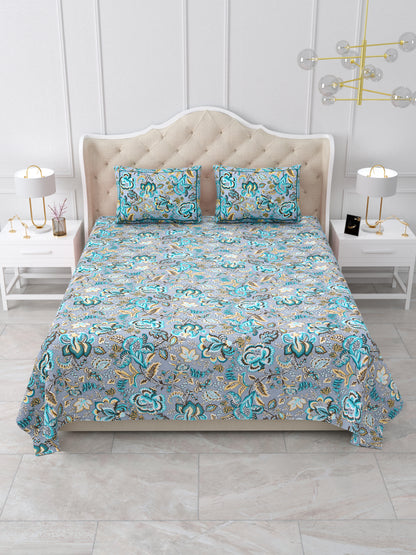 Jaipuri Azure Blue & Teal Floral Queen Size Cotton Bedsheet