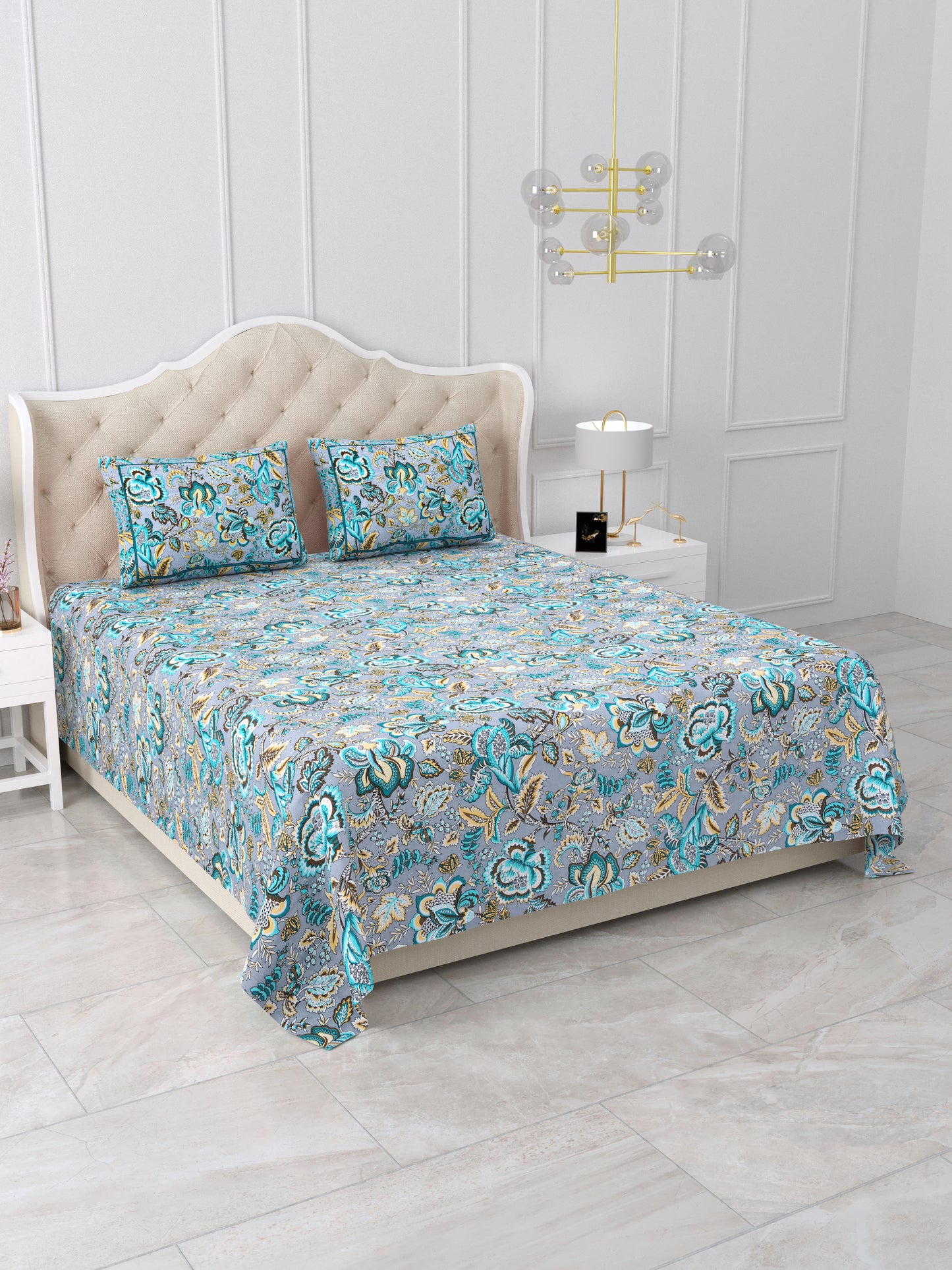 Jaipuri Azure Blue & Teal Floral Queen Size Cotton Bedsheet