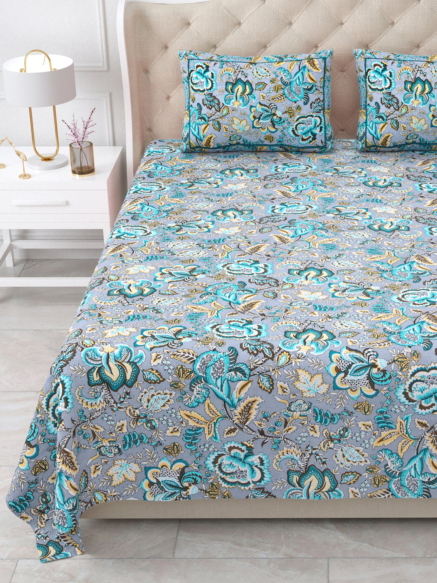 Jaipuri Azure Blue & Teal Floral Queen Size Cotton Bedsheet