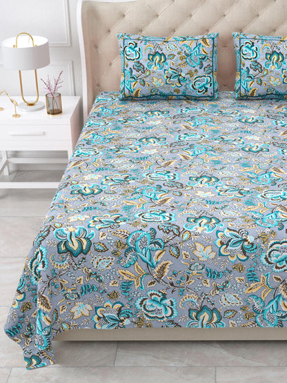Jaipuri Azure Blue & Teal Floral Queen Size Cotton Bedsheet