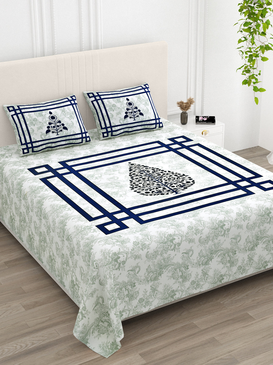 Navy Blue Swiss Marble Tree of Life Printed Bedsheet (100 x 108) with 2 Pillow Covers