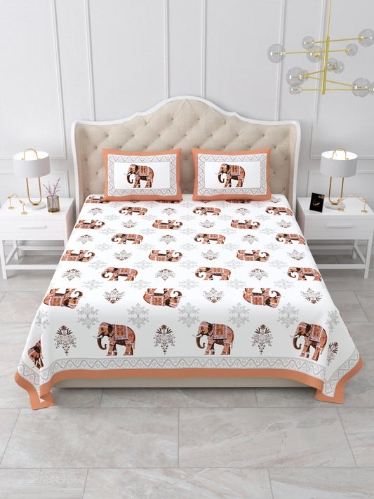 Jaipuri Rust-Orange Elephant Super King Size Cotton Bedsheet