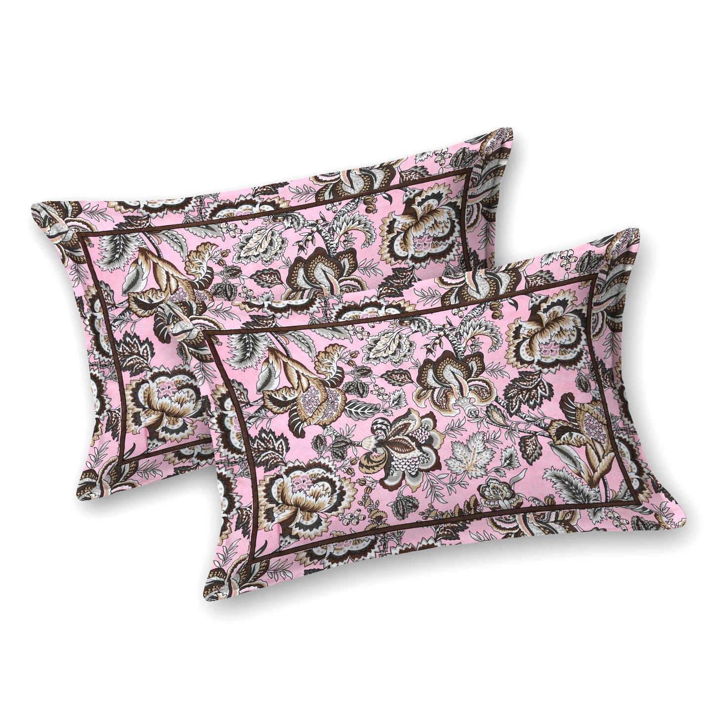 Jaipuri Blush Pink & Coffee Floral Queen Size Cotton Bedsheet