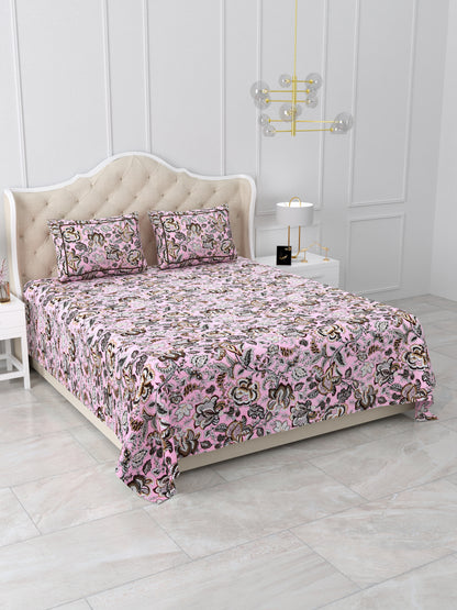 Jaipuri Blush Pink & Coffee Floral Queen Size Cotton Bedsheet