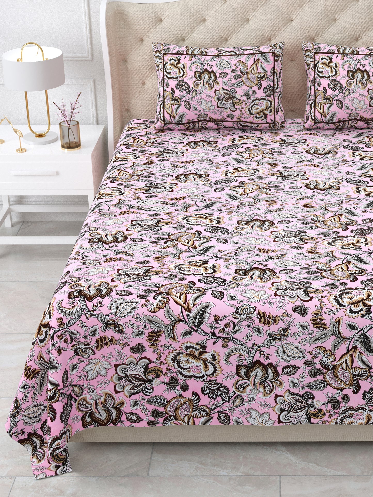Jaipuri Blush Pink & Coffee Floral Queen Size Cotton Bedsheet