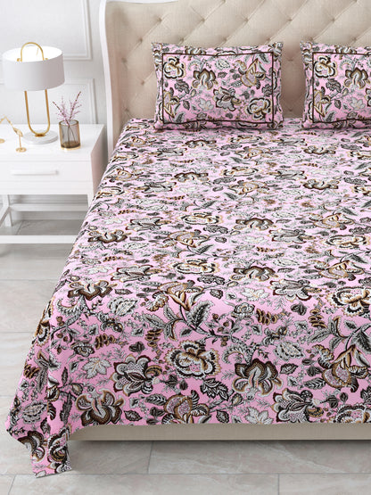 Jaipuri Blush Pink & Coffee Floral Queen Size Cotton Bedsheet