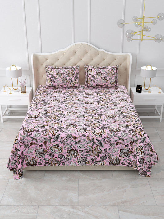 Jaipuri Blush Pink & Coffee Floral Queen Size Cotton Bedsheet
