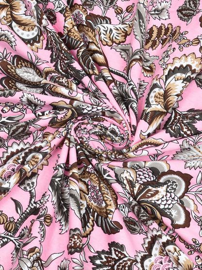 Jaipuri Blush Pink & Coffee Floral Queen Size Cotton Bedsheet