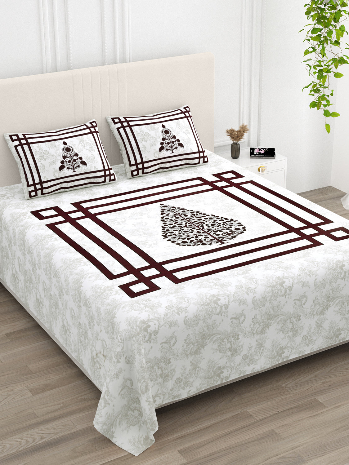Wine Maroon Swiss Marble Tree of Life Printed Bedsheet (100 x 108) with 2 Pillow Covers