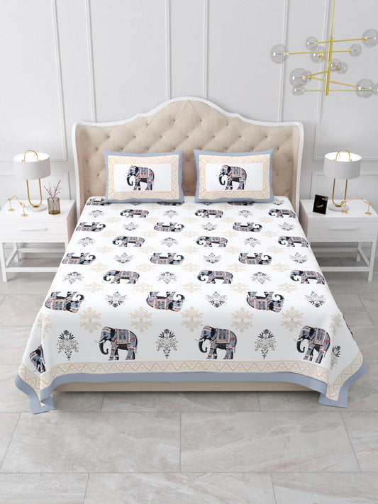 Jaipuri Slate Grey Elephant Super King Size Cotton Bedsheet