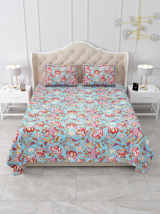 Jaipuri Sky Blue & Rose Red Floral Queen Size Cotton Bedsheet