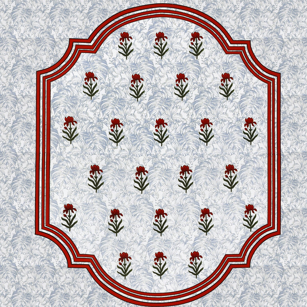 White Blue Floral Lily Red Border Printed Bedsheet (100 x 108) with 2 Pillow Covers