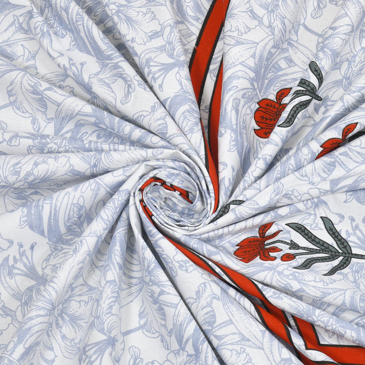 White Blue Floral Lily Red Border Printed Bedsheet (100 x 108) with 2 Pillow Covers