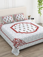 White Blue Floral Lily Red Border Printed Bedsheet (100 x 108) with 2 Pillow Covers