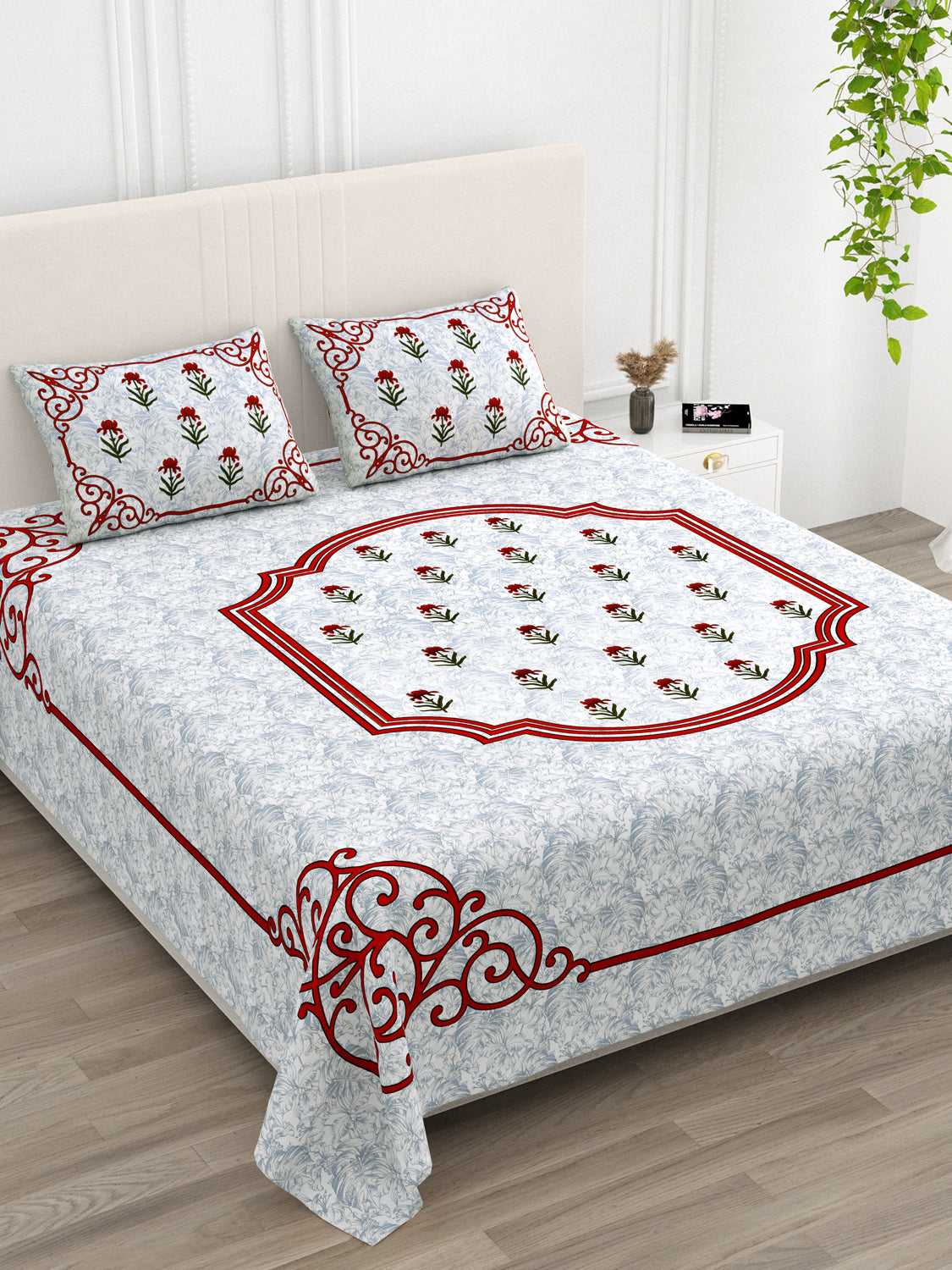 White Blue Floral Lily Red Border Printed Bedsheet (100 x 108) with 2 Pillow Covers