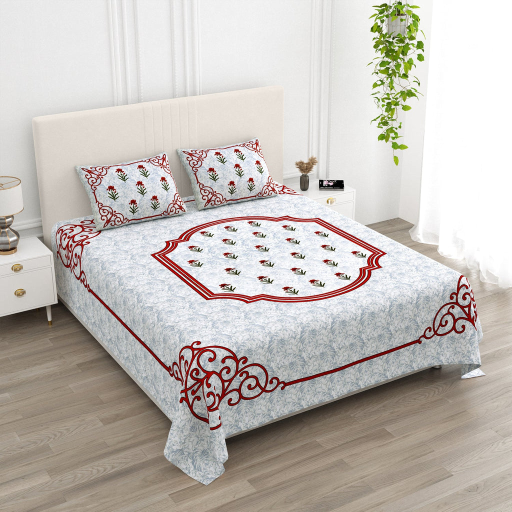 White Blue Floral Lily Red Border Printed Bedsheet (100 x 108) with 2 Pillow Covers