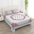 White Blue Floral Lily Red Border Printed Bedsheet (100 x 108) with 2 Pillow Covers