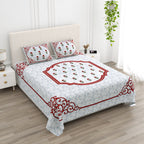 White Blue Floral Lily Red Border Printed Bedsheet (100 x 108) with 2 Pillow Covers