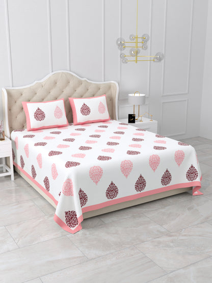 Jaipuri Pink & Wine Floral Butti Super King Size Cotton Bedsheet