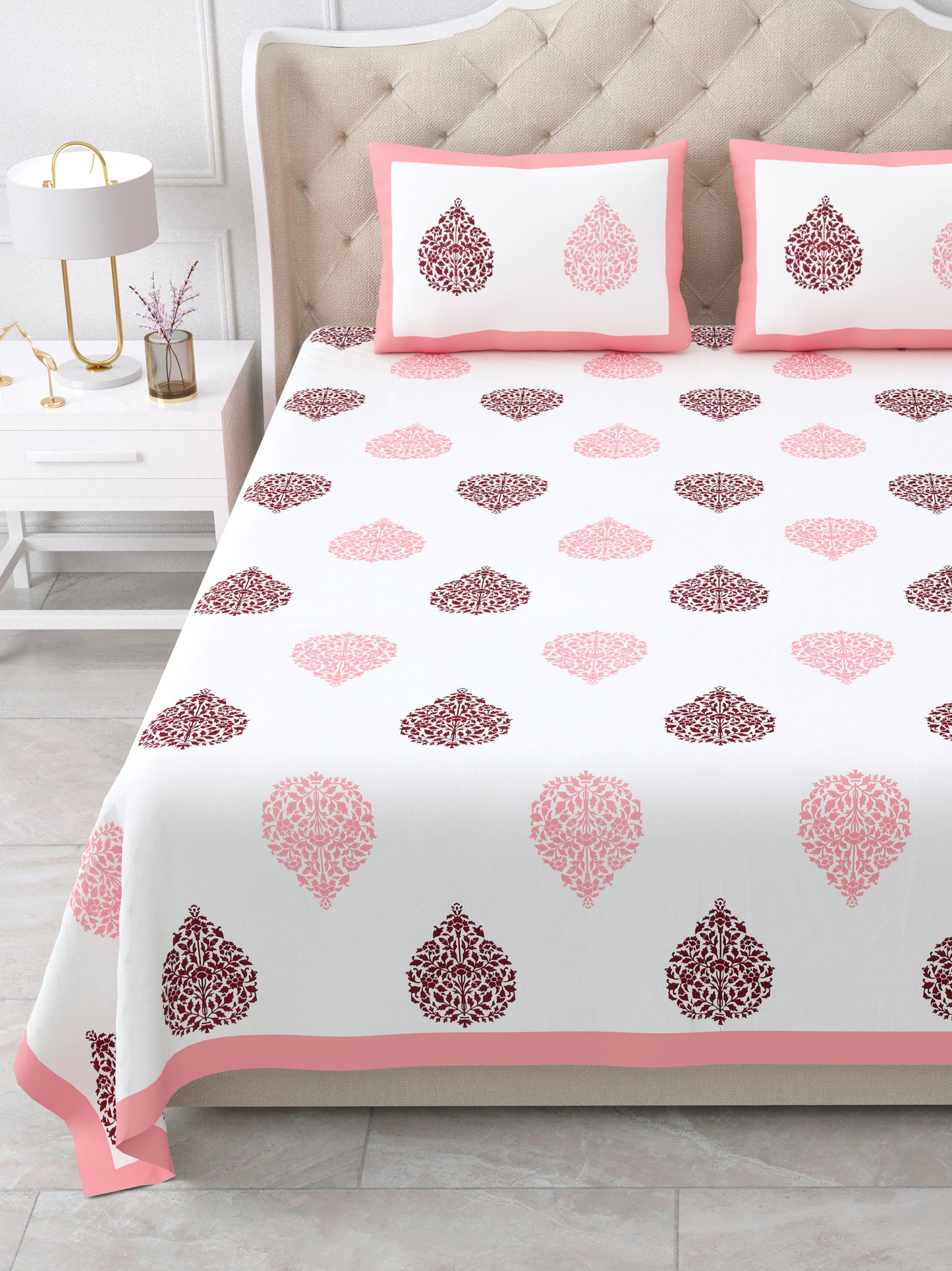 Jaipuri Pink & Wine Floral Butti Super King Size Cotton Bedsheet