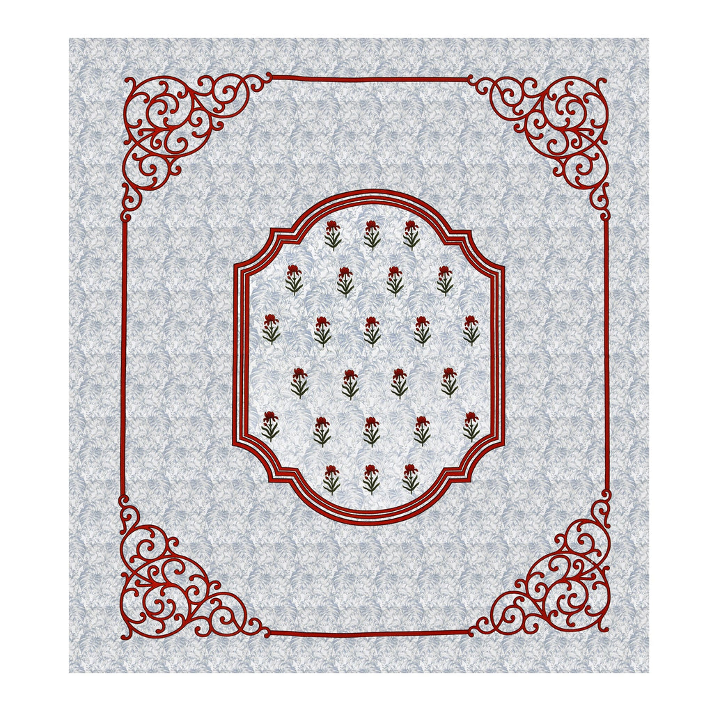 White Blue Floral Lily Red Border Printed Bedsheet (100 x 108) with 2 Pillow Covers