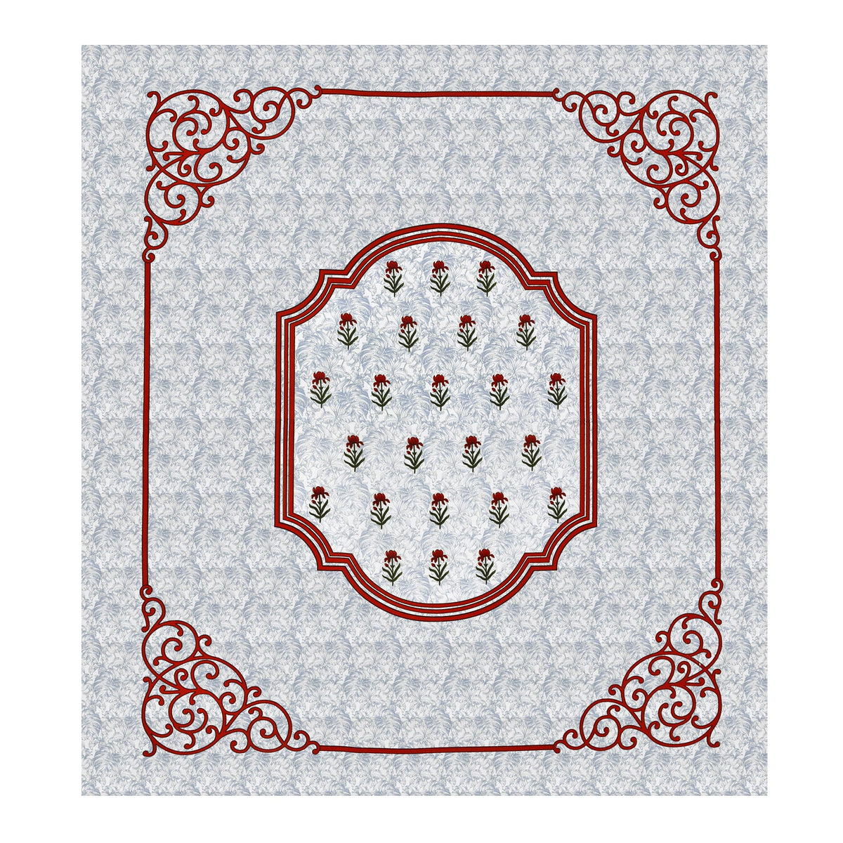 White Blue Floral Lily Red Border Printed Bedsheet (100 x 108) with 2 Pillow Covers
