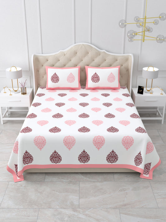 Jaipuri Pink & Wine Floral Butti Super King Size Cotton Bedsheet