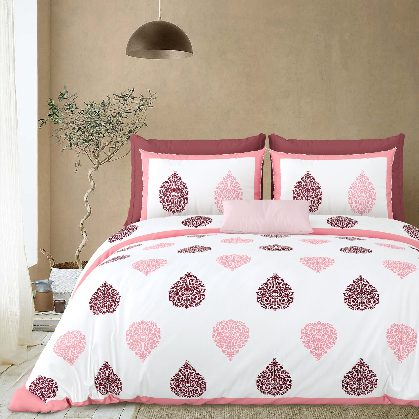 Jaipuri Pink & Wine Floral Butti Super King Size Cotton Bedsheet