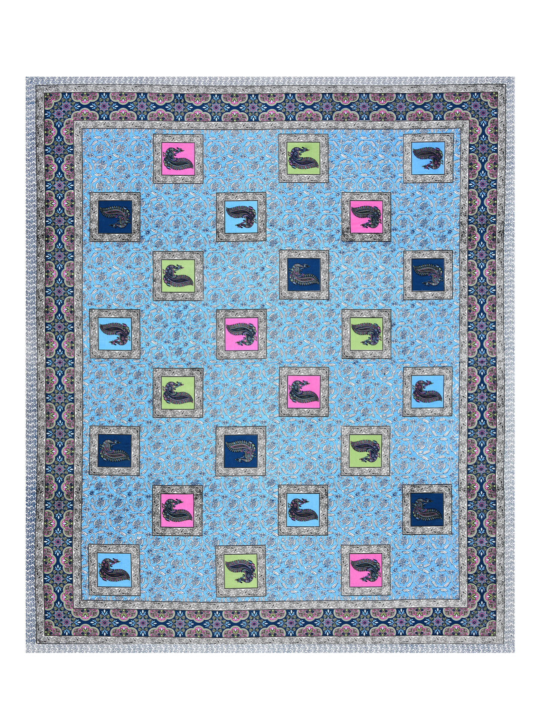 Sky Blue Multi-Color Paisley Block Print Queen Size Cotton Bedsheet