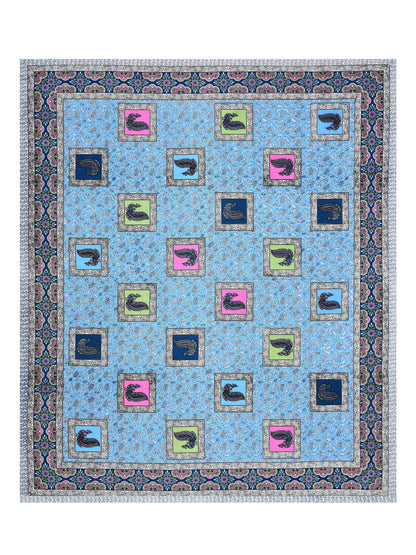 Sky Blue Multi-Color Paisley Block Print Queen Size Cotton Bedsheet