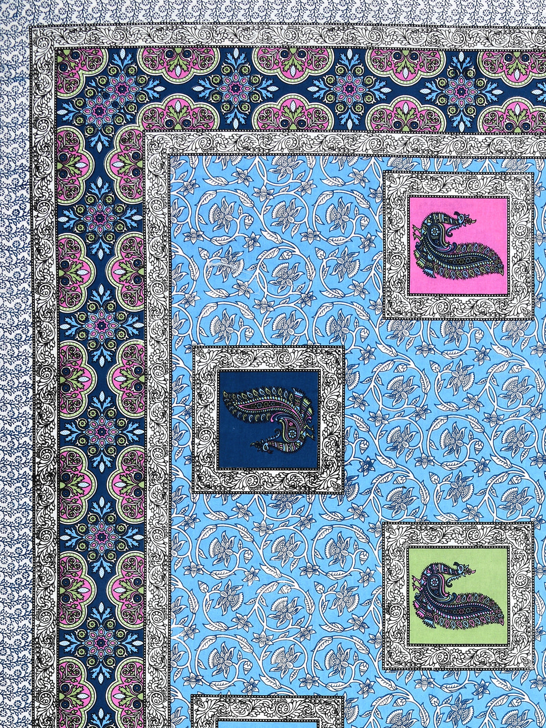 Sky Blue Multi-Color Paisley Block Print Queen Size Cotton Bedsheet