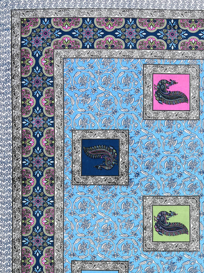 Sky Blue Multi-Color Paisley Block Print Queen Size Cotton Bedsheet