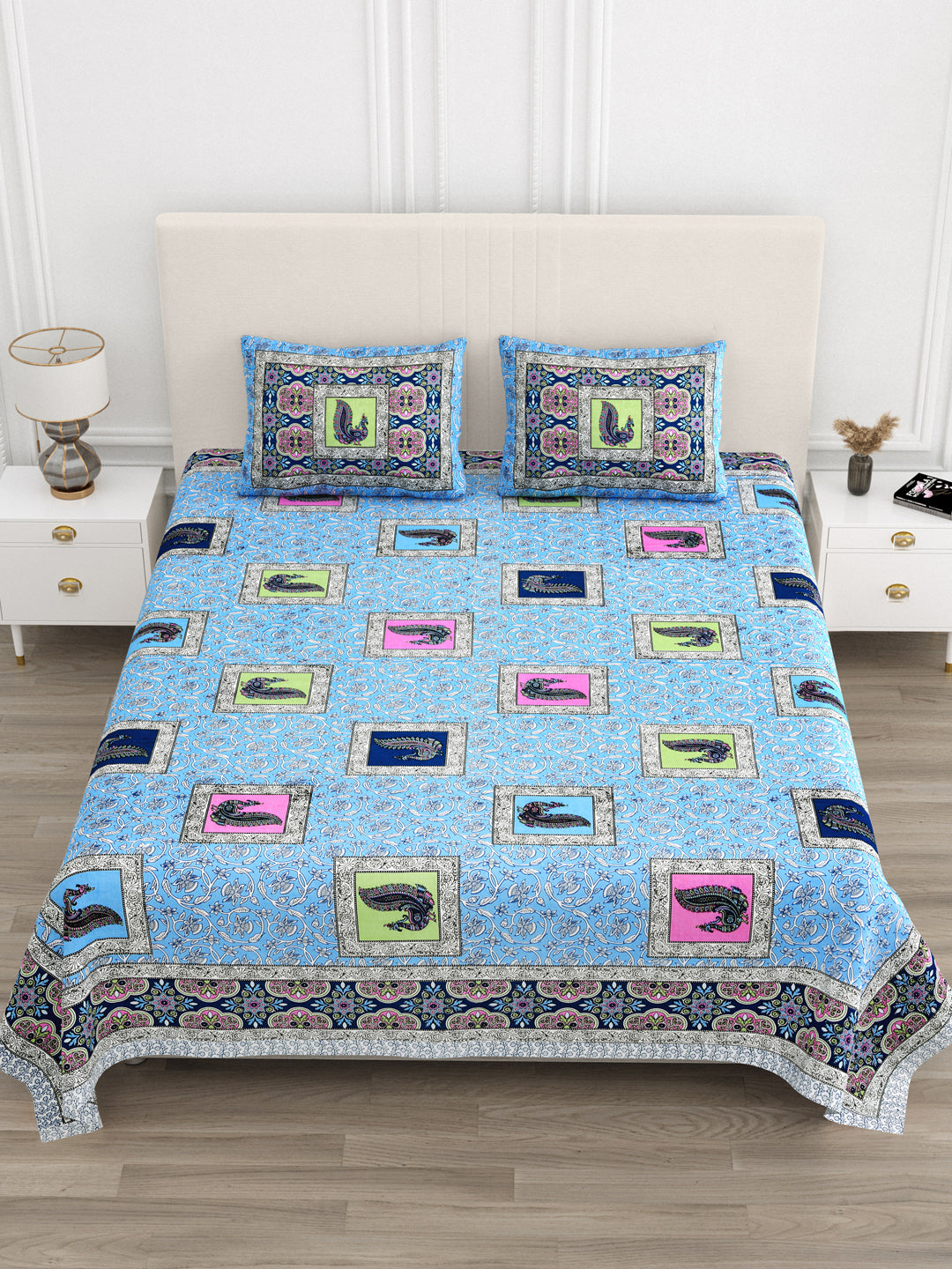 Sky Blue Multi-Color Paisley Block Print Queen Size Cotton Bedsheet