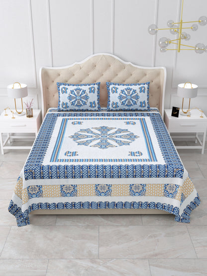 Indigo Blue Floral Hand-Block Queen Size Cotton Bedsheet