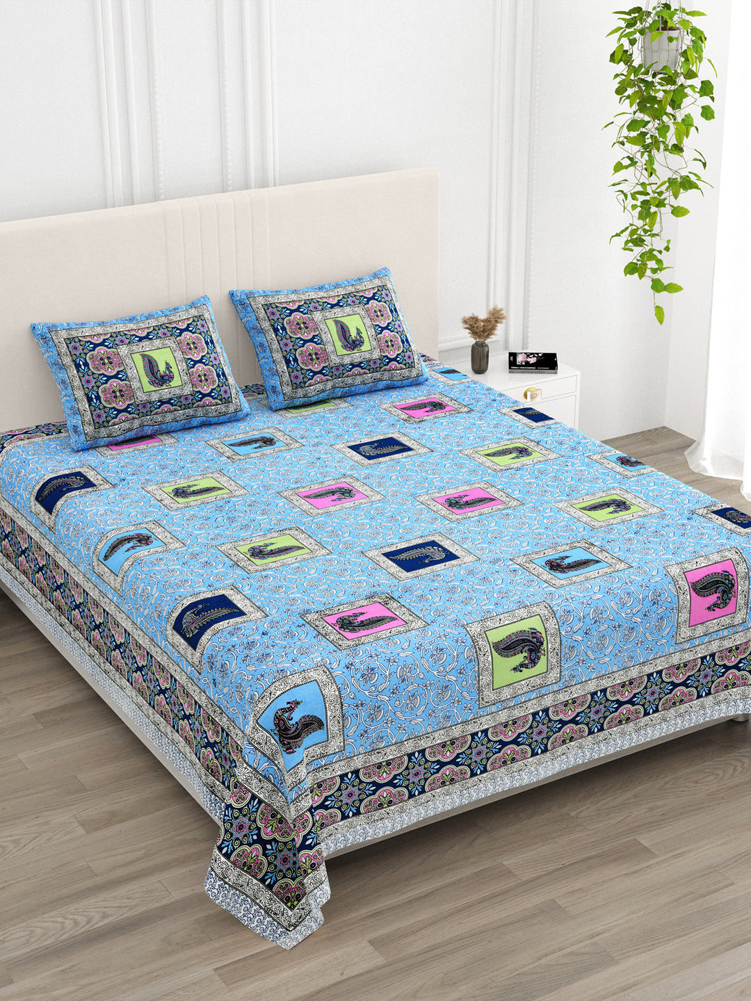 Sky Blue Multi-Color Paisley Block Print Queen Size Cotton Bedsheet