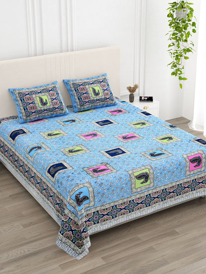 Sky Blue Multi-Color Paisley Block Print Queen Size Cotton Bedsheet