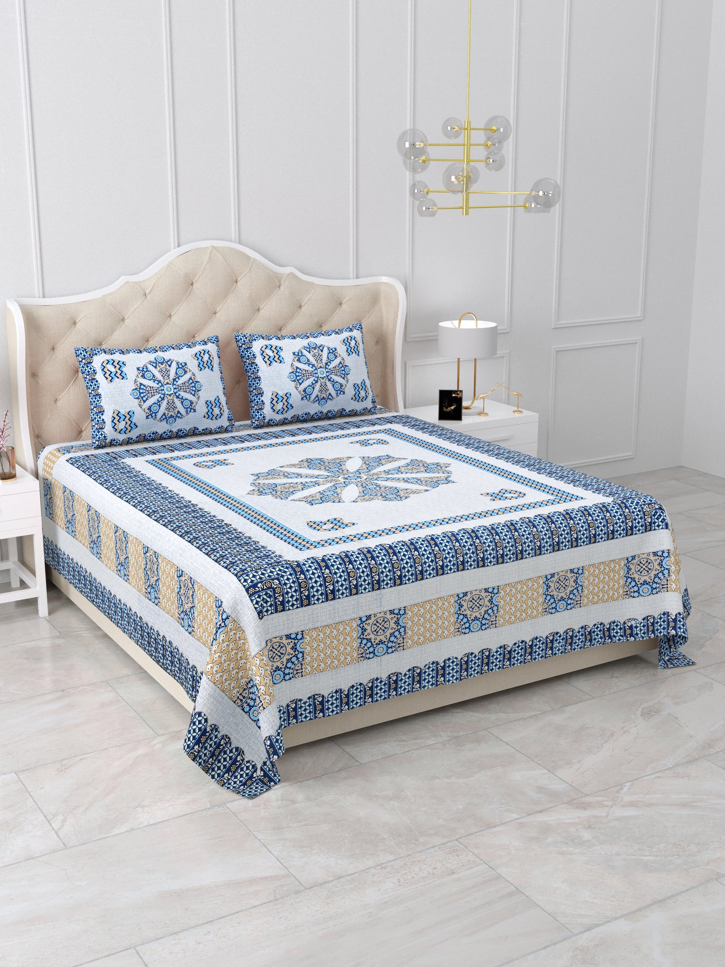 Indigo Blue Floral Hand-Block Queen Size Cotton Bedsheet