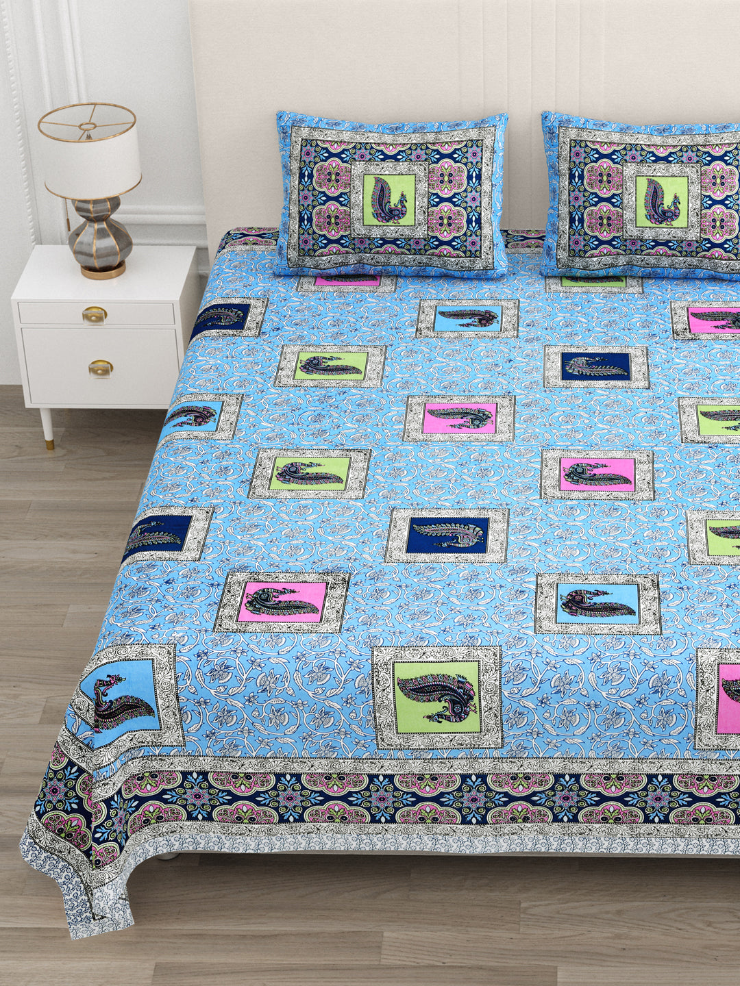 Sky Blue Multi-Color Paisley Block Print Queen Size Cotton Bedsheet