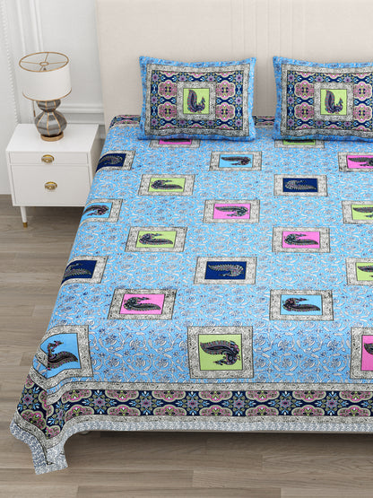 Sky Blue Multi-Color Paisley Block Print Queen Size Cotton Bedsheet