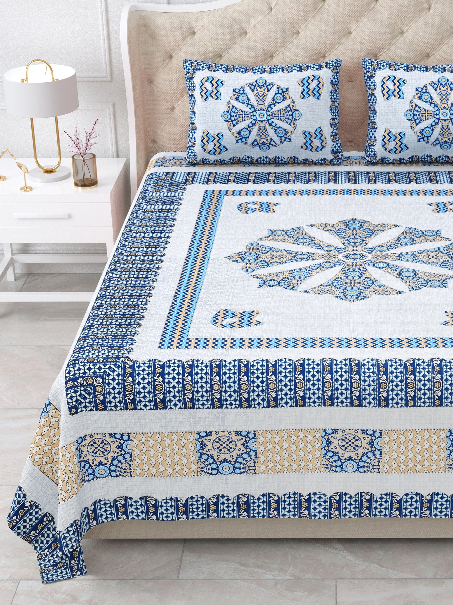 Indigo Blue Floral Hand-Block Queen Size Cotton Bedsheet