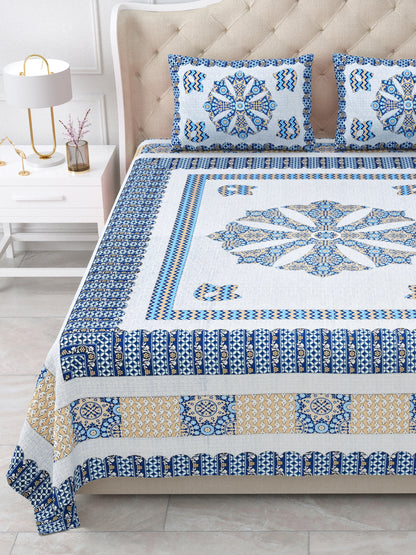 Indigo Blue Floral Hand-Block Queen Size Cotton Bedsheet