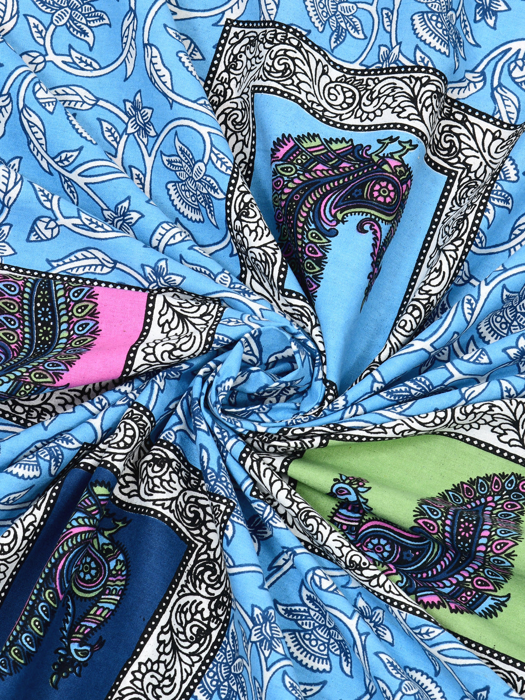 Sky Blue Multi-Color Paisley Block Print Queen Size Cotton Bedsheet