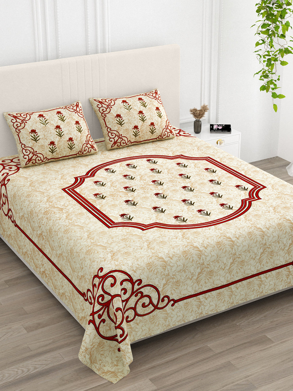 Cream Floral Buta Rust Scroll Border Printed Bedsheet (100 x 108) with 2 Pillow Covers