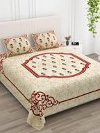Cream Floral Buta Rust Scroll Border Printed Bedsheet (100 x 108) with 2 Pillow Covers