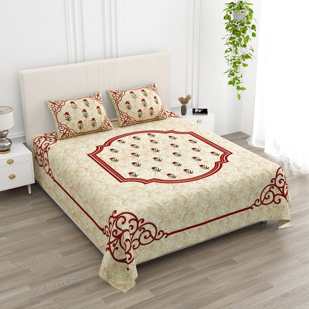 Cream Floral Buta Rust Scroll Border Printed Bedsheet (100 x 108) with 2 Pillow Covers