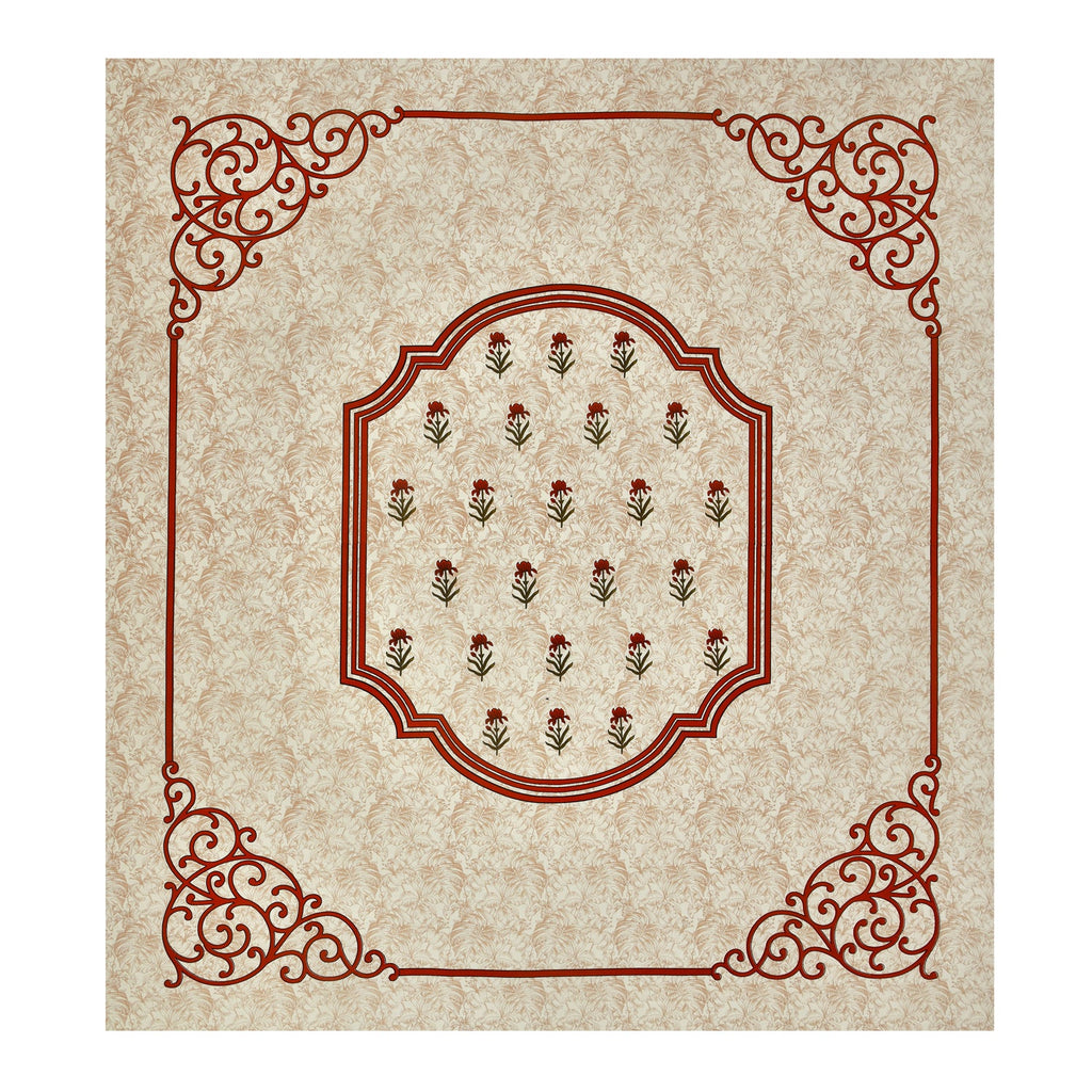 Cream Floral Buta Rust Scroll Border Printed Bedsheet (100 x 108) with 2 Pillow Covers