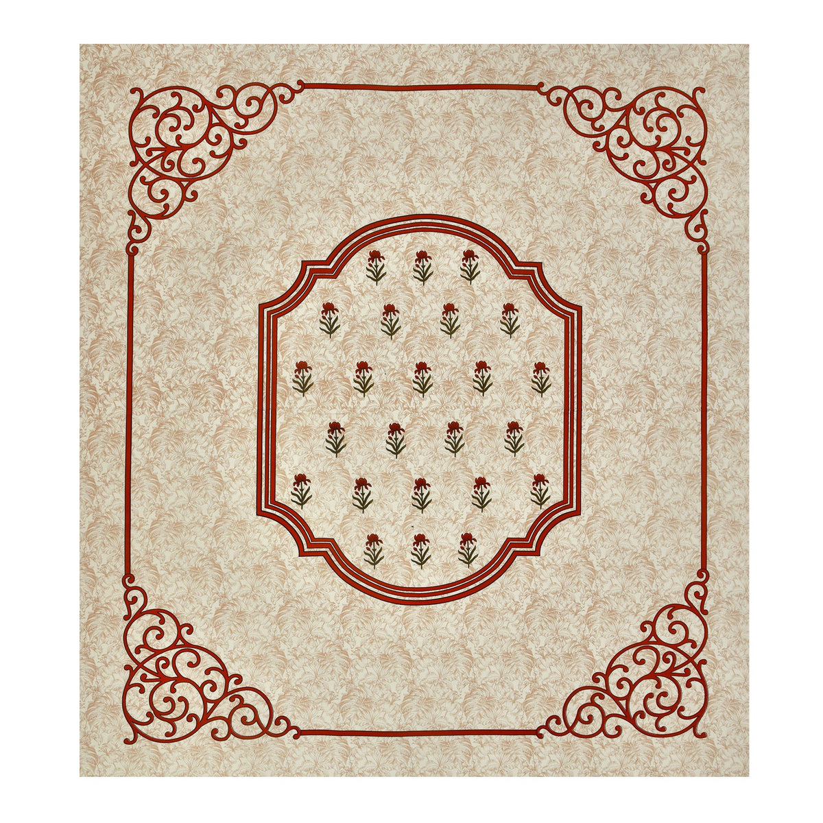 Cream Floral Buta Rust Scroll Border Printed Bedsheet (100 x 108) with 2 Pillow Covers