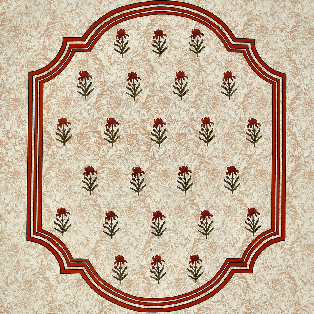 Cream Floral Buta Rust Scroll Border Printed Bedsheet (100 x 108) with 2 Pillow Covers