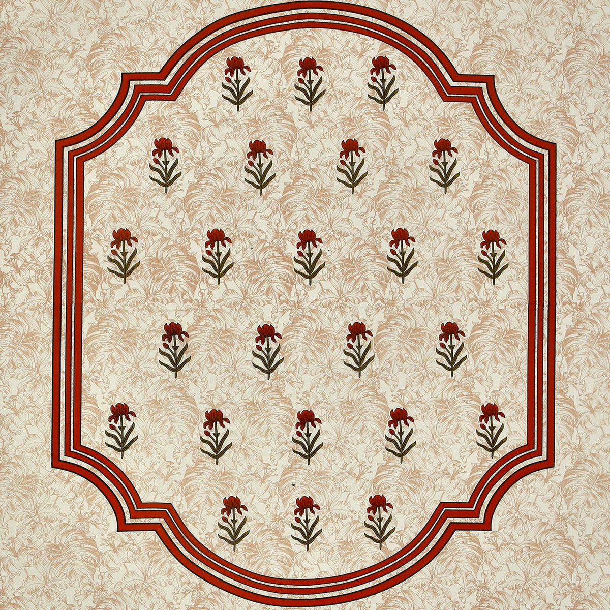 Cream Floral Buta Rust Scroll Border Printed Bedsheet (100 x 108) with 2 Pillow Covers